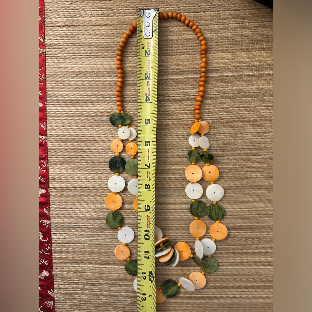 Beaded necklace, green, orange and white, vintage - Picture 3 of 3